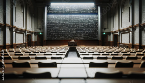Empty lecture hall with mathematical equations on blackboard