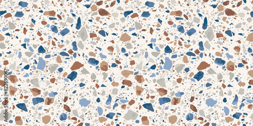 Terrazzo flooring realistic seamless pattern. Vector texture of natural mosaic floor with stones, granite, marble, colorful glass particles, concrete. Trendy geo design. Brown, blue, white, gray color