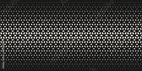 Vector halftone seamless pattern. Elegant monochrome texture with gradient transition effect. Black and white geometric background with floral shapes, falling petals, mesh, lattice. Abstract design