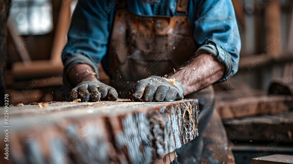 A sawmill worker poster with copy space - Fictional Person, A sawmill worker poster with copy space - Fictional Person,