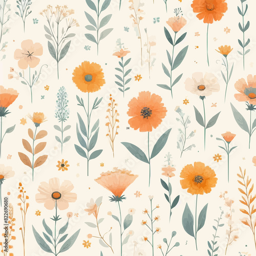 Cute feminine seamless pattern with wildflowers orange