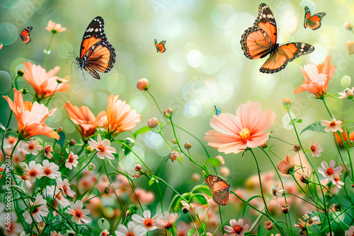 Orange colored butterflies over wildflowers against a backdrop of lush greenery, floral abstract background with copy space