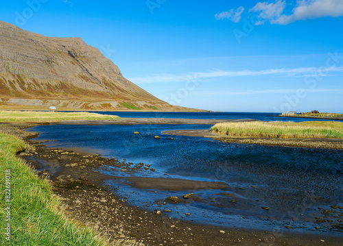Landscape along the Strandvegur at bay Kaldbaksvik. The Strandir in the Westfjords (Vestfirdir) in Iceland during autumn. photo