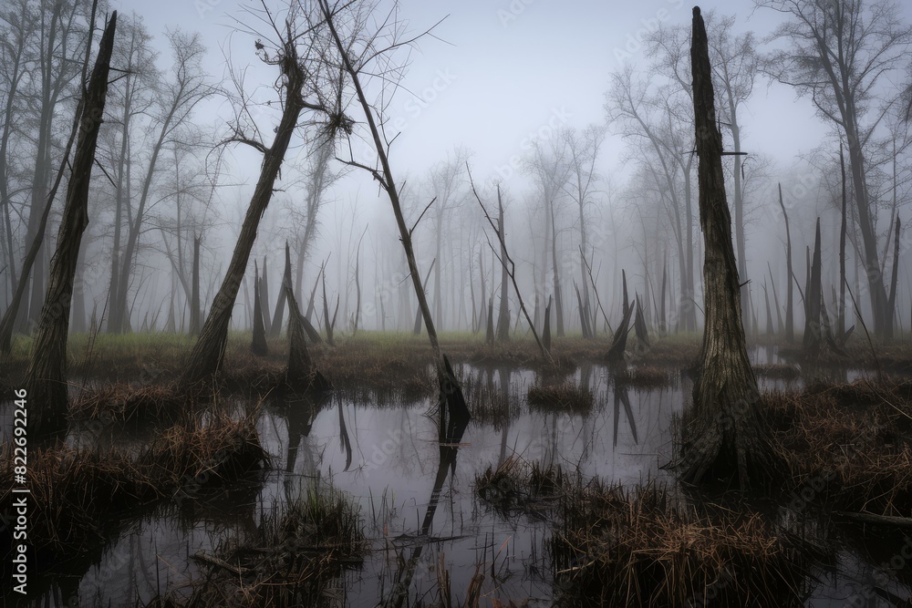 Damp Swamp foggy morning lake. Water park. Generate Ai Damp Swamp foggy morning lake. Water park. Generate Ai