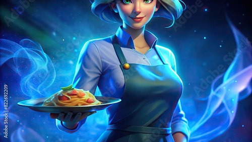 Close-up of waitress wearing blue uniform and apron, holding silver tray with plate of steaming pasta dish ,