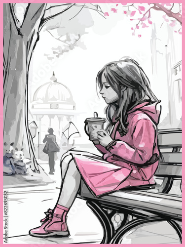 Black white and pink pencil sketches of a cute girl seated with coffee in vector illustration