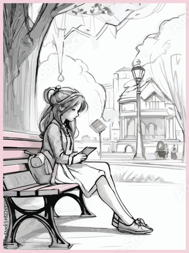 Black white and pink pencil sketches of a cute girl seated with coffee in vector illustration