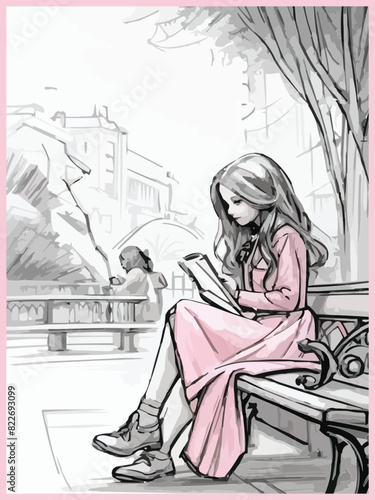 Black white and pink pencil sketches of a cute girl seated with coffee in vector illustration