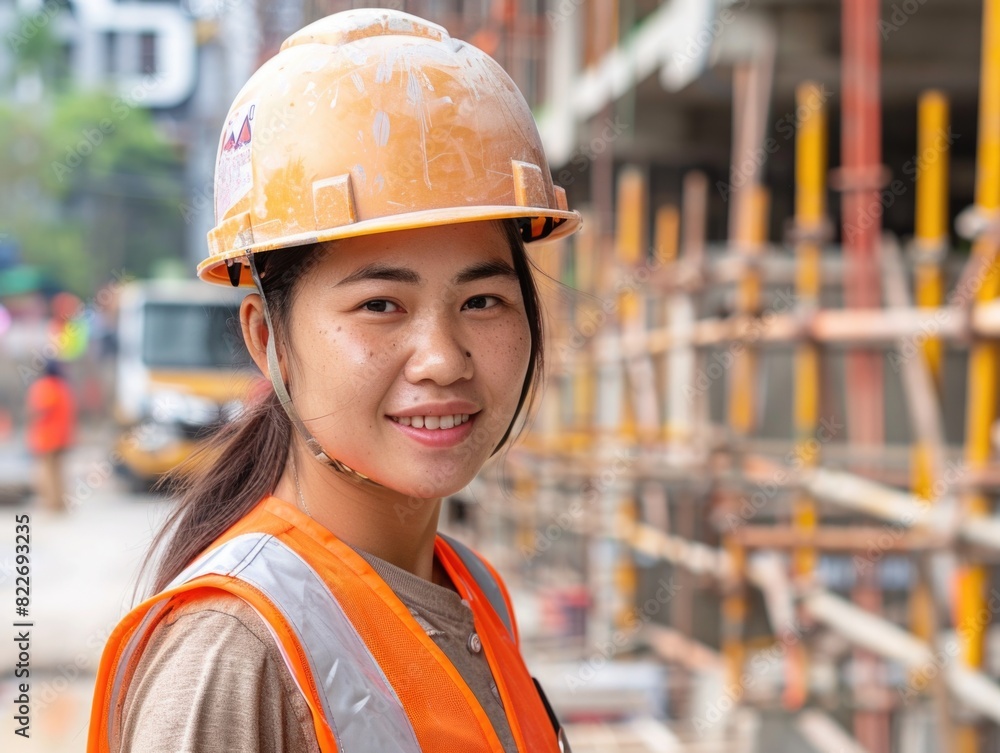 Professional Construction Scene in Thailand: Woman, hard hat, safety gear
Professional Construction Scene in Thailand: Woman, hard hat, safety gear