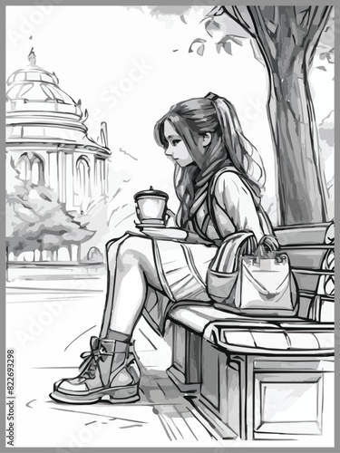 Black white and pink pencil sketches of a cute girl seated with coffee in vector illustration