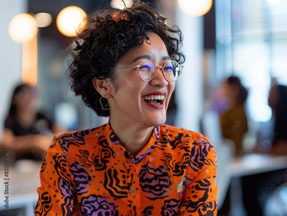 Asian Woman in Colorful Patterned Shirt, smiling, warm indoor lighting
Asian Woman in Colorful Patterned Shirt, smiling, warm indoor lighting