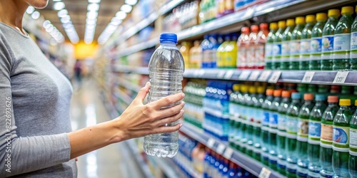 Water bottle in a woman's hand, taken from the supermarket shelf , photo
