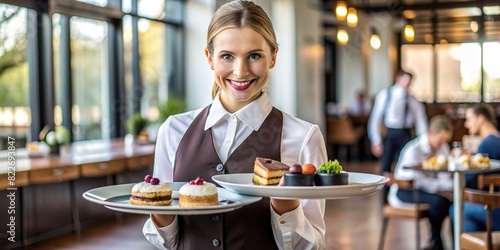 Waitress serving plated food on a tray with desserts while looking directly in camera , photo