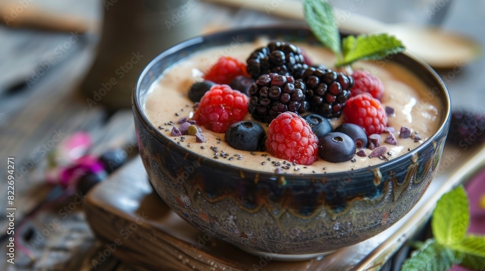 A closeup of a fruit smoothie bowl topped with fresh berries served on a wooden table with a meditation bell and yoga mat in the background. A closeup of a fruit smoothie bowl topped with fresh berries served on a wooden table with a meditation bell and yoga mat in the background.