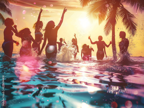 Party people singing, dancing and having fun on resort beach pool sunny disco, trendy fashionable, drink toast.