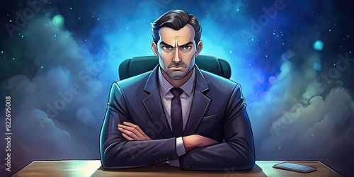 Man in suit sitting at desk with crossed arms and angry expression, refusing to work,