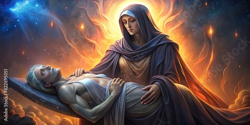 Depiction of the Sixth Sorrow with Mother Mary holding the lifeless body of Christ against a serene backdrop ,