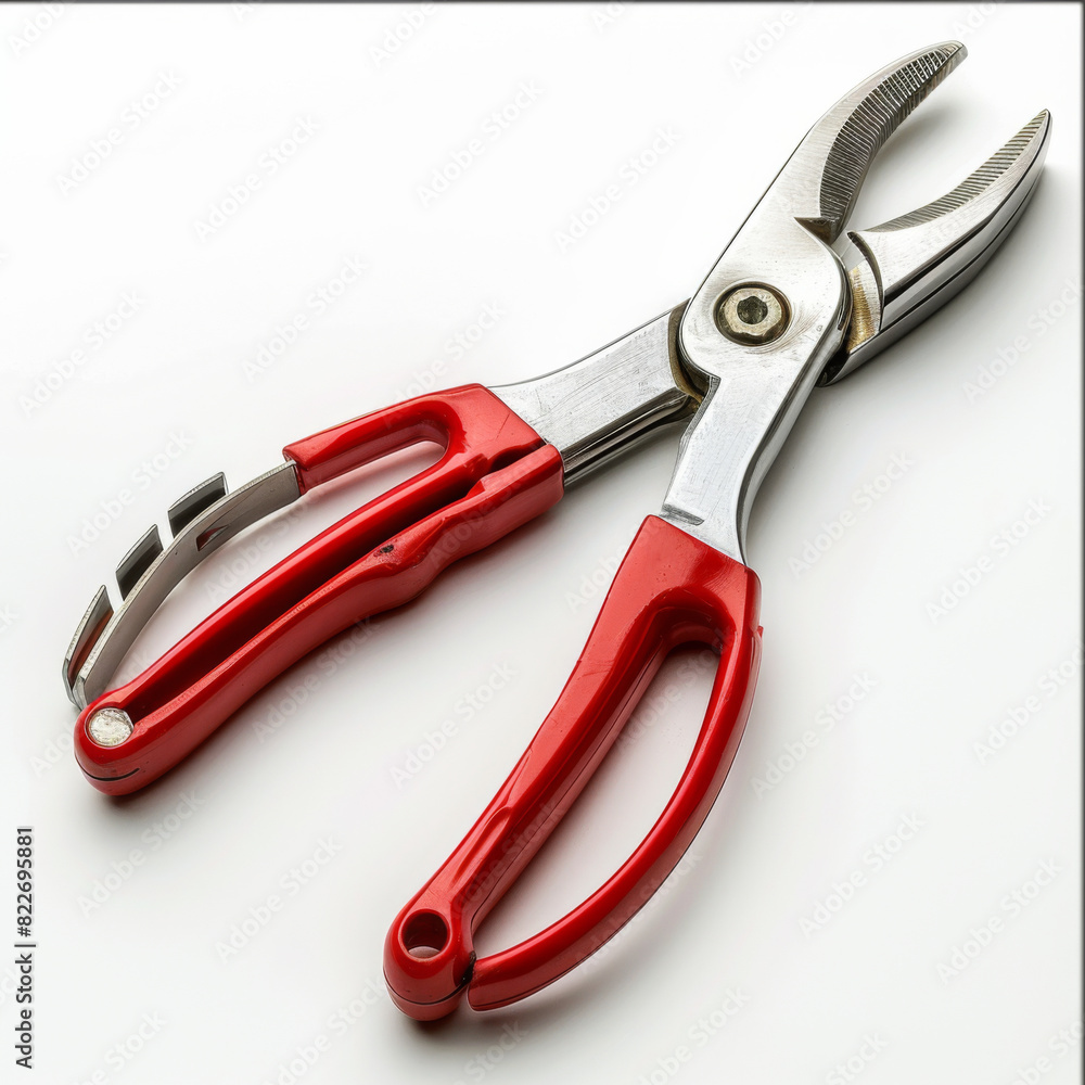 Close-up of red-handled multipurpose pliers against a white background, showcasing their design and functionality for various tasks. Close-up of red-handled multipurpose pliers against a white background, showcasing their design and functionality for various tasks.