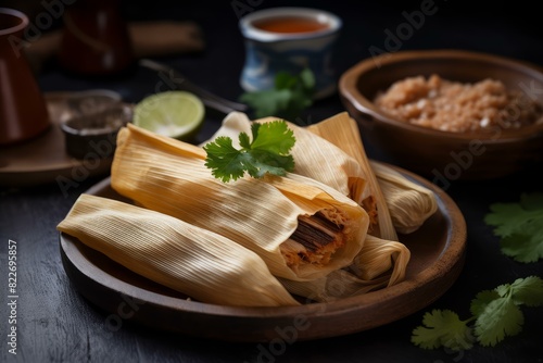 Steaming Sweet tamales dish bowl. Mexican pastry food calories cooked. Generate Ai photo