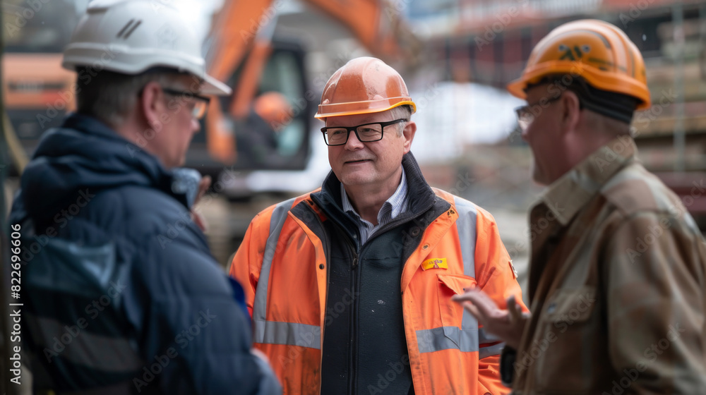 Group of construction workers in safety gear having a discussion on-site, highlighting teamwork and communication in construction. Group of construction workers in safety gear having a discussion on-site, highlighting teamwork and communication in construction.