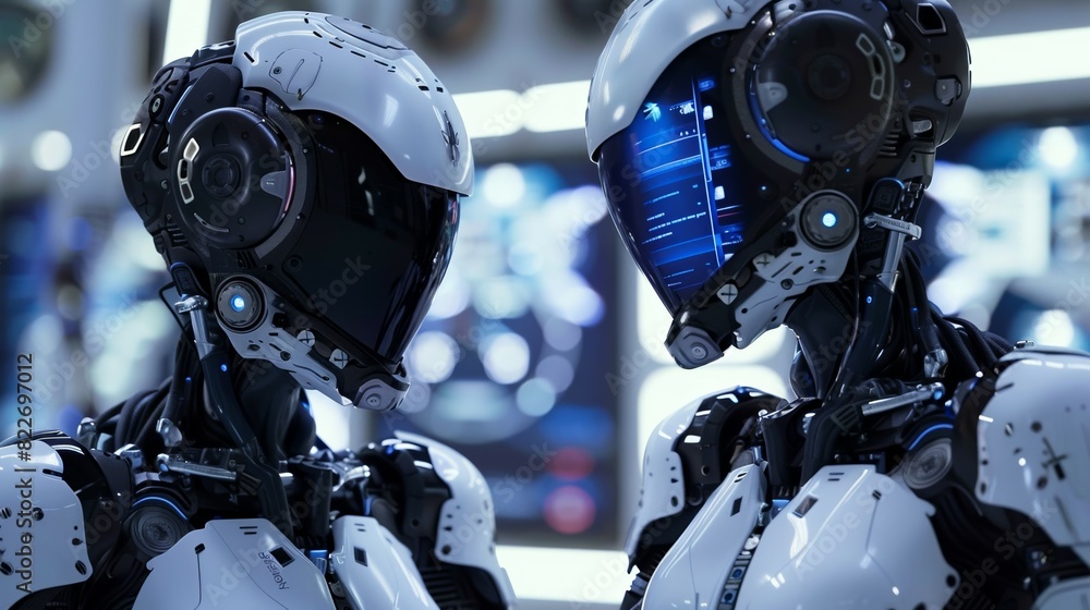 Fototapeta premium two robots hugging and looking in eyes, cyborg feeling and emotions, robotics dating and romance concept, artificial intelligence