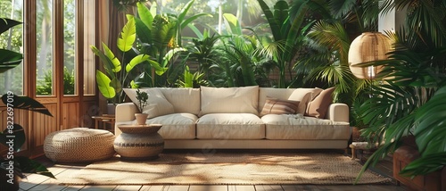 Fototapeta Naklejka Na Ścianę i Meble -  Modern living room filled with vibrant, exotic tropical plants, lush indoor jungle atmosphere