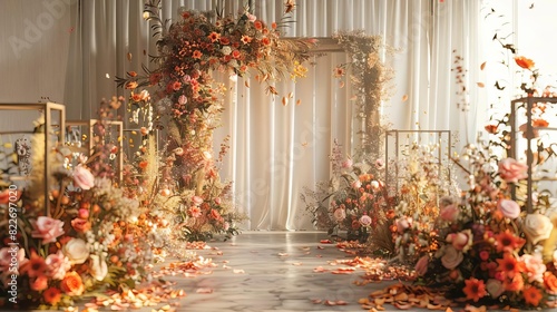 Wedding scene with arranged flower bouquets and floral arches, elegant design © rookielion