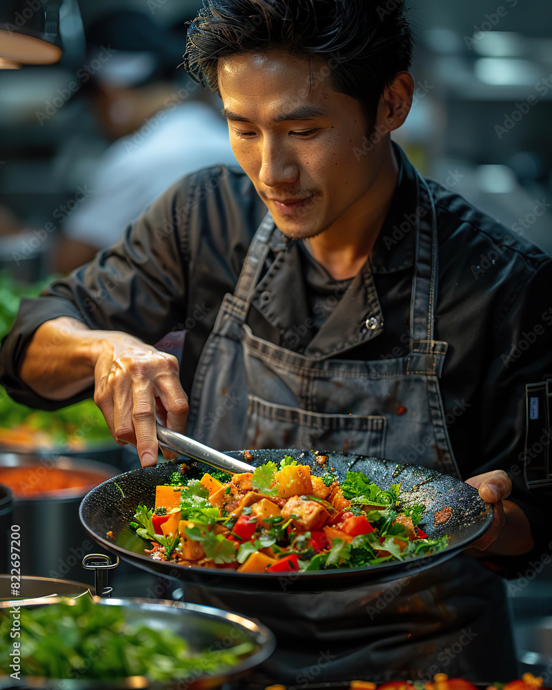 An Asian chef prepares a vegetarian dish. Generated by AI. An Asian chef prepares a vegetarian dish. Generated by AI.