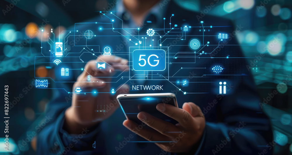 Businessman with 5G hologram on his hand and element of this image furnished, smart city and network connect concept Businessman with 5G hologram on his hand and element of this image furnished, smart city and network connect concept