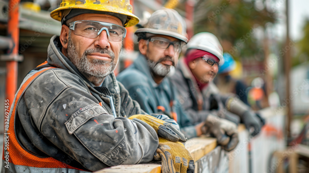A group of construction workers in safety gear takes a break on a job site, showcasing teamwork and camaraderie. A group of construction workers in safety gear takes a break on a job site, showcasing teamwork and camaraderie.