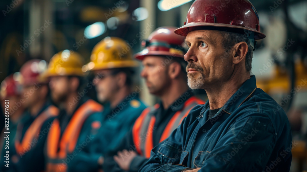 A confident construction worker in a red helmet stands with arms crossed, leading a team of workers in a factory. A confident construction worker in a red helmet stands with arms crossed, leading a team of workers in a factory.