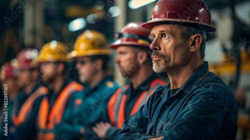 A confident construction worker in a red helmet stands with arms crossed, leading a team of workers in a factory. photo