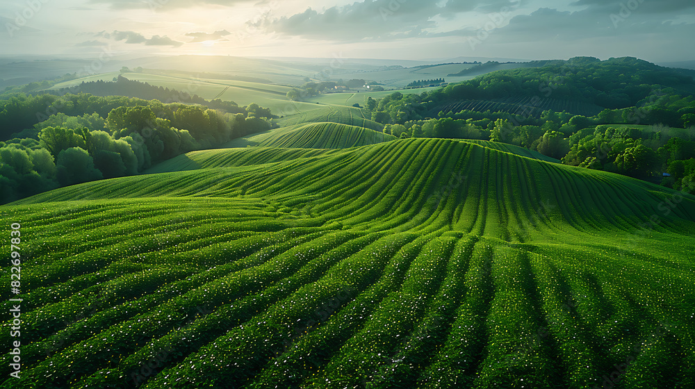 Aerial Perspective: Empty Canvas Over Minimalist Landscapes with Blue Sky and Green Fields Aerial Perspective: Empty Canvas Over Minimalist Landscapes with Blue Sky and Green Fields