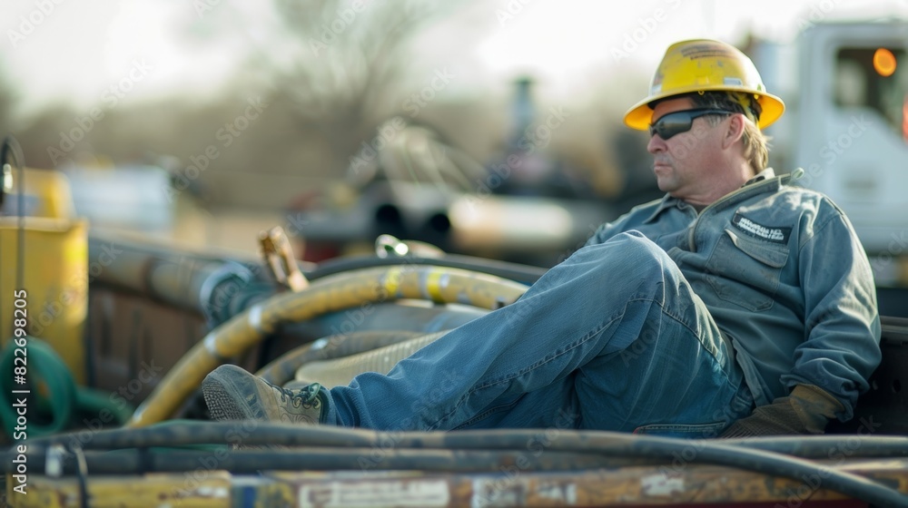 A worker takes a break on a large truck bed surrounded by pipes and hoses used in the fracking process. A worker takes a break on a large truck bed surrounded by pipes and hoses used in the fracking process.