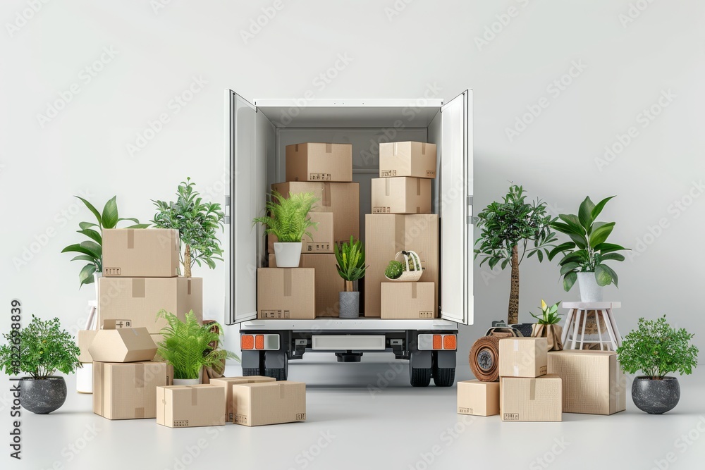 Modern residential moving scene with a house and truck filled with ...