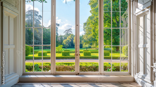 Fenster im modernen europ??ischen Stil mit Blick auf einen gepflegten Garten, umrahmt von klassischen wei??en L??den. photo