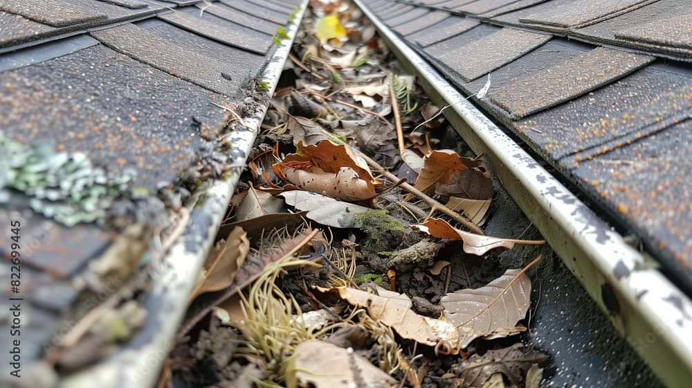 Photograph of dirty clogged raingutter Photograph of dirty clogged raingutter