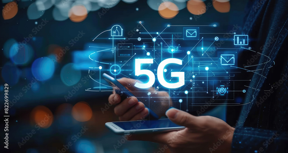 Businessman with 5G hologram on his hand and element of this image furnished, smart city and network connect concept Businessman with 5G hologram on his hand and element of this image furnished, smart city and network connect concept