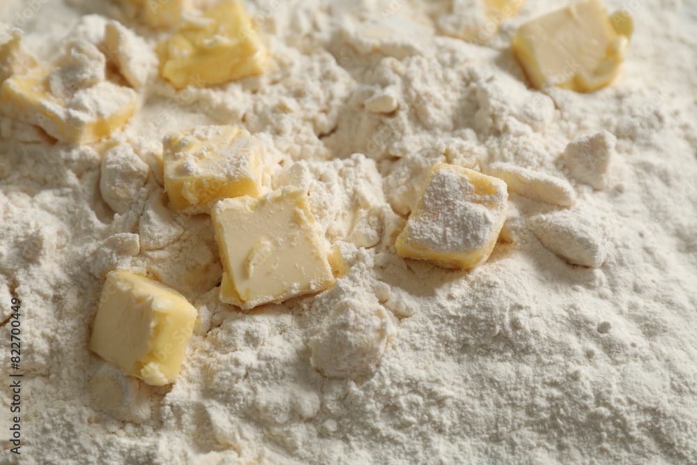 Making shortcrust pastry. Flour and butter, closeup Making shortcrust pastry. Flour and butter, closeup
