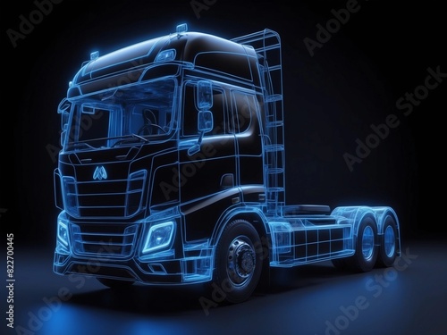 futuristic semi truck with glowing blue lines and a trailer,on a black background
