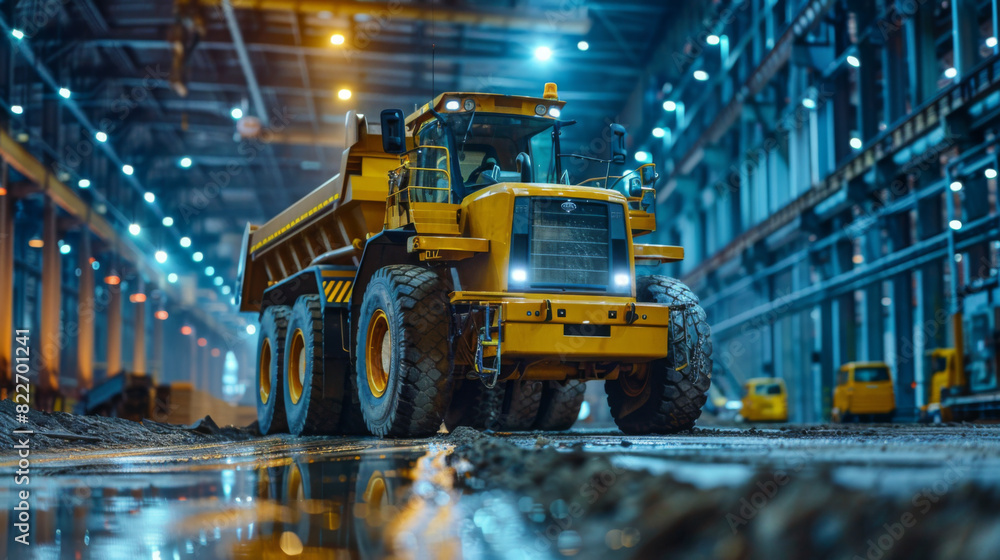 A large yellow dump truck parked in a spacious industrial warehouse with bright lighting and a reflective floor. A large yellow dump truck parked in a spacious industrial warehouse with bright lighting and a reflective floor.