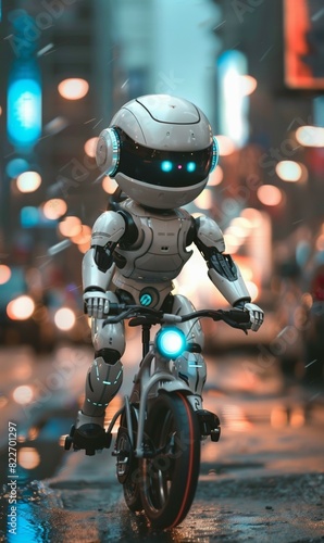 cute smart cyborg robot riding bicycle at city street, funny robot cycling, artificial intelligence of future concept © goami
