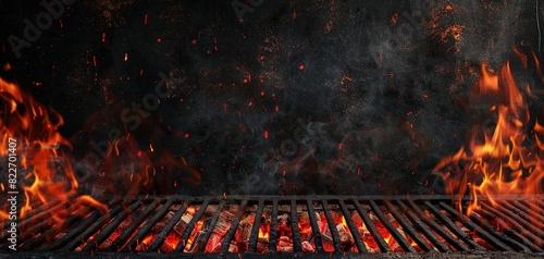 Hot empty portable barbecue BBQ grill with flaming fire and ember charcoal on black background