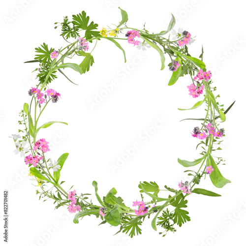 Wreath of beautiful wild flowers isolated on white