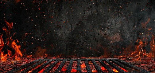 Hot empty portable barbecue BBQ grill with flaming fire and ember charcoal on black background