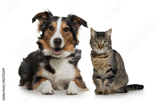 Playful Border Collie mix and focused tabby cat sitting together against white background © Muhammad Shoaib