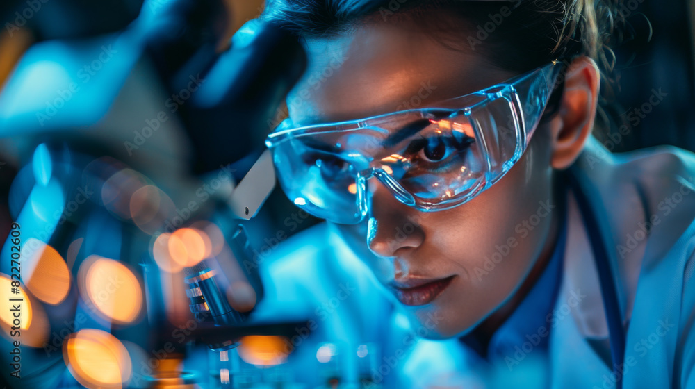 A focused female scientist wearing safety goggles examines a sample under a microscope in a laboratory. A focused female scientist wearing safety goggles examines a sample under a microscope in a laboratory.