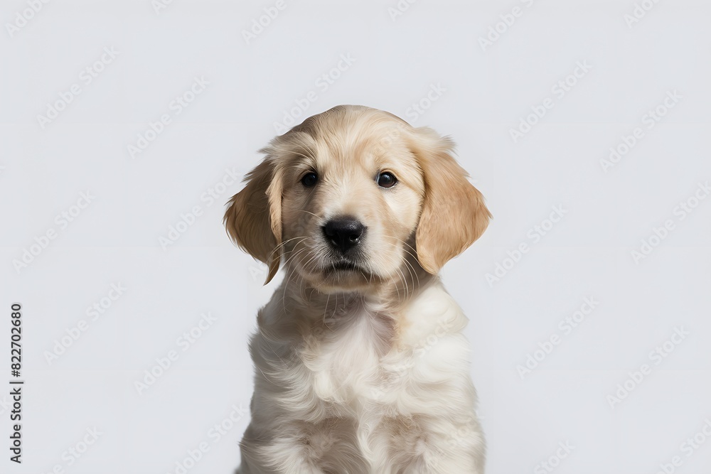 Young golden retriever puppy with cute features against a plain white background