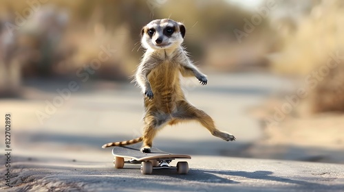 meerkat skaiting on the skateboard on clean background
 photo