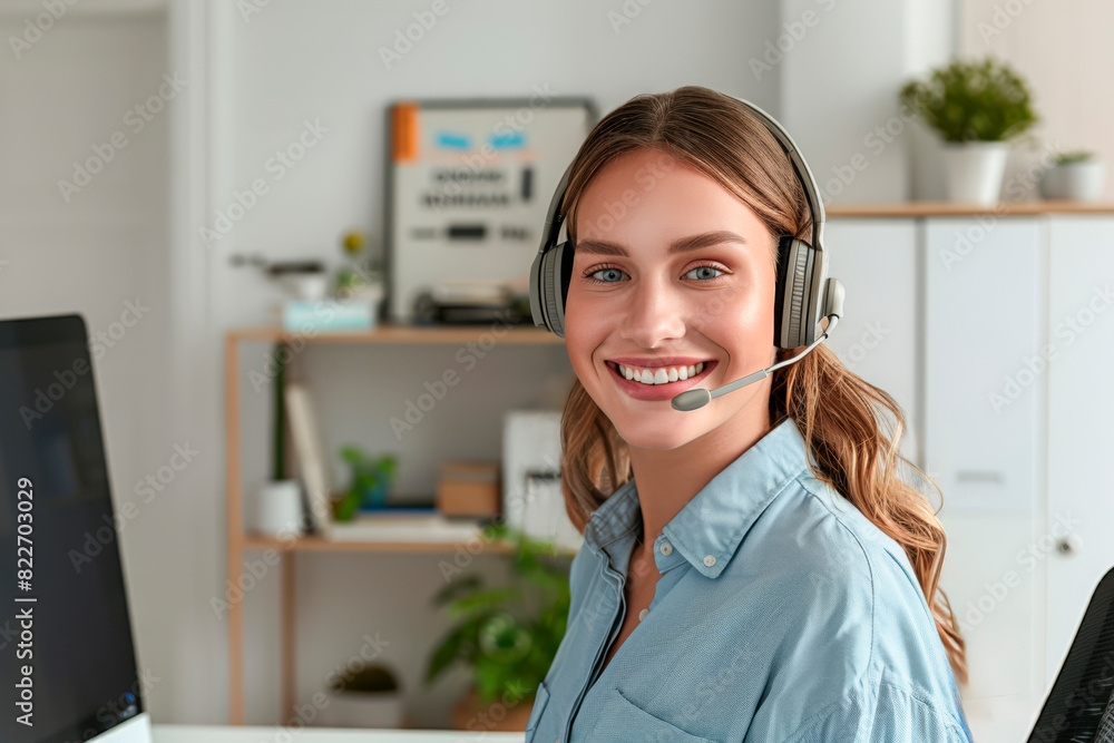 Young Caucasian girl smiling Freelance cameraman working in telemarketing online with headsets and laptop on desktop in office, copy space Young Caucasian girl smiling Freelance cameraman working in telemarketing online with headsets and laptop on desktop in office, copy space